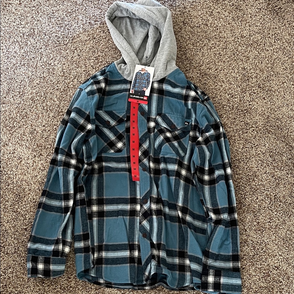Quiksilver Blue and Gray Plaid Hooded Flannel
